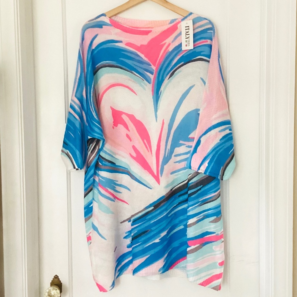 ITALY MODA sweater Dress XL Abstract Print Knit Tunic Mini Dress Dolman Sleeves
